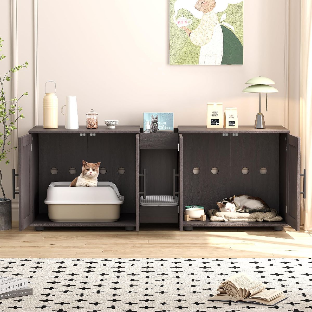 Garvee Cat Litter Box Enclosure for 2 Cats, Litter Box Furniture with Barn Door, 55" Wooden Hidden Cat Cabinet for Bedroom Living Room