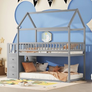 NicBex Twin Over Twin Bunk Bed with Roof Design and Guardrail and 3 Drawers,Loft Bed with Ladder and Shelves,Noise Reduced Bunk Beds for Bedroom - 1 of 4