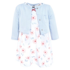 Hudson Baby Infant and Toddler Girls Cotton Dress and Cardigan Set, Pink Blue Flower - 1 of 4