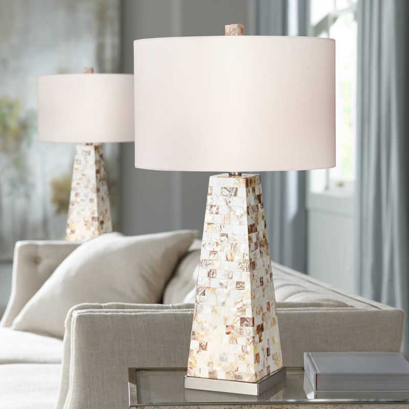 Possini Euro Design Coastal Table Lamps 29" Tall Set of 2 with Nightlight Mother of Pearl Handmade White Drum Shade for Bedroom (Color May Vary), 2 of 10