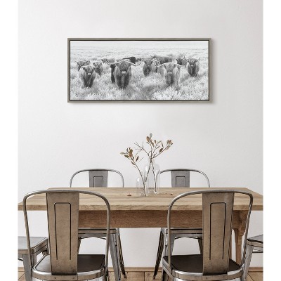 Herd of Highland Cows Black and White Framed Canvas Art