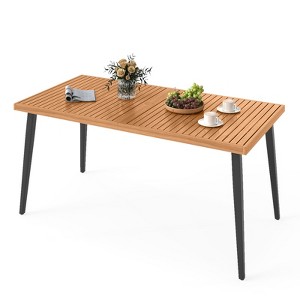 Gymax 63" Outdoor Indoor Dining Table w/Acacia Wood Slatted Tabletop Umbrella Hole - 1 of 4