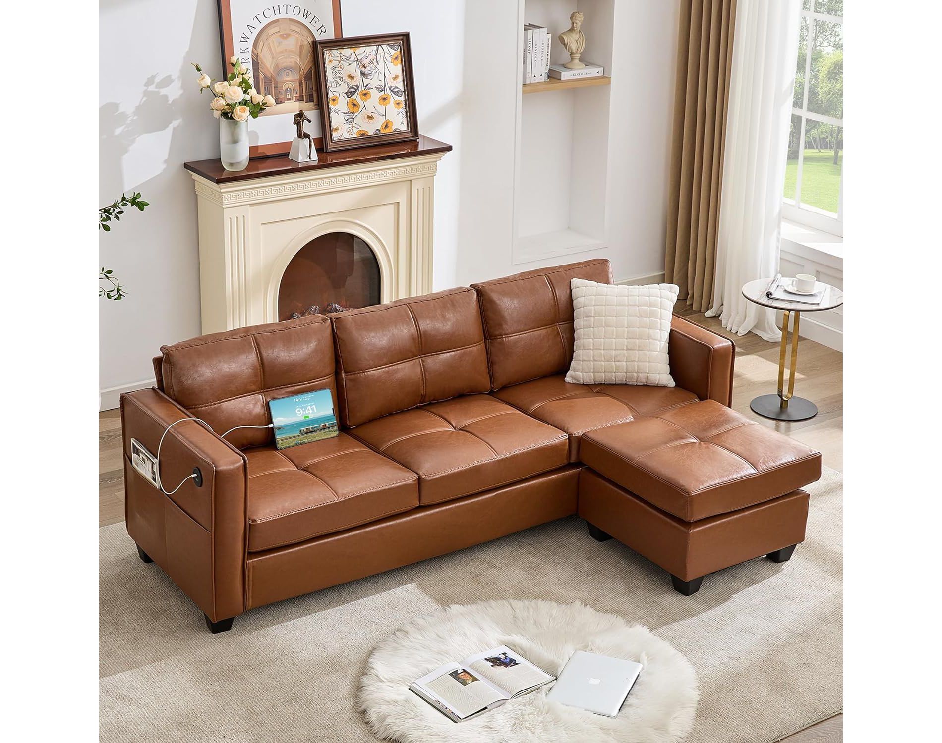 TYBOATLE Modern Faux Leather Sofa Collection: 2-Seater, 3-Seater or Sectional Sofa with Chaise with USB Charging & Pockets