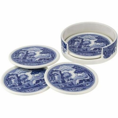 Blue Italian Ceramic Coaster Set with Holder
