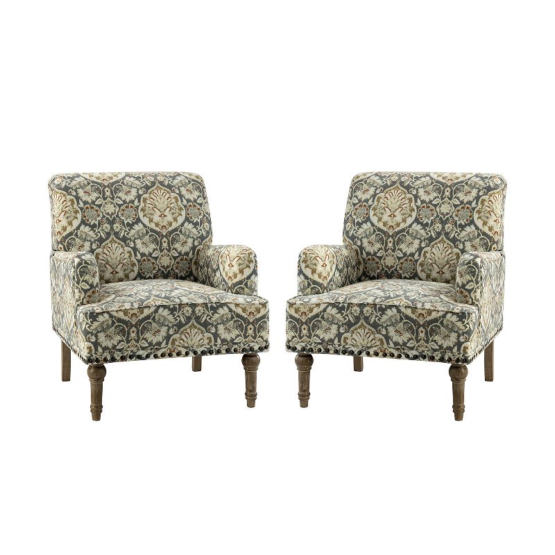 Set of 2 Reggio  Traditional  Wooden Upholstered  Armchair with Floral Patterns and  Nailhead Trim | ARTFUL LIVING DESIGN, 1 of 11