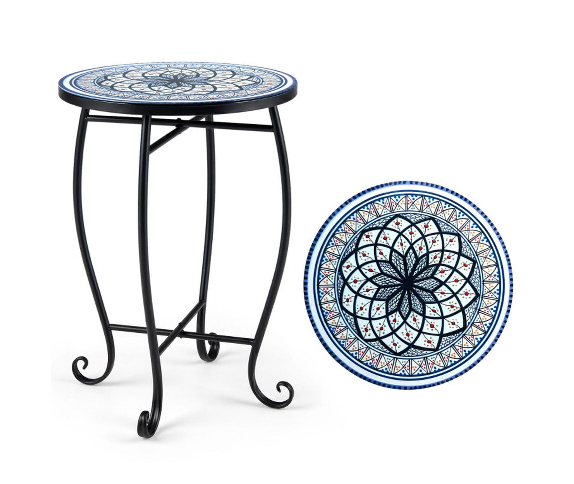 Small Outdoor Coffee Table 14 Inch Metal Mosaic Patio Accent Side Table for Porch and Poolside, White and Black Floral