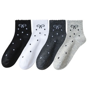 Anna-Kaci Women's Soft Cotton Ankle Socks with Bow Embroidery Polka Dot Design 4 Pairs - 1 of 4