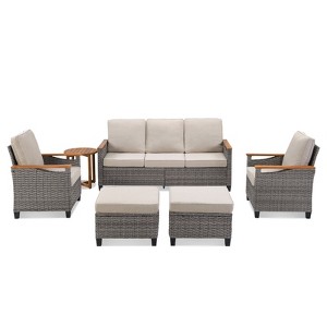 Buenhomino 6-Piece Outdoor Wicker Patio Set – Sofa, 2 Chairs, 2 Ottomans & Side Table with Cushions, Weather-Resistant PE Rattan Conversation Set - 1 of 4