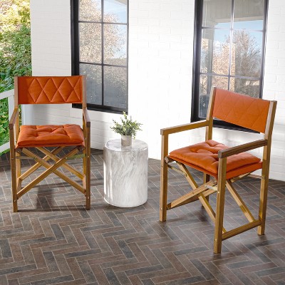 Mid-Century Teak Brown Acacia Wood Director Chair with Orange Cushions