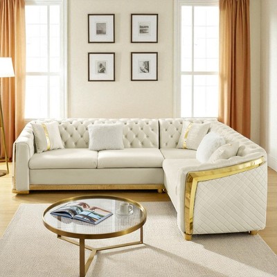 106" L-Shaped Chesterfield Sectional Sofa with Gold Stainless Steel Accents, Velvet Button Tufted Design & 5 Pillows for Luxury Living Room