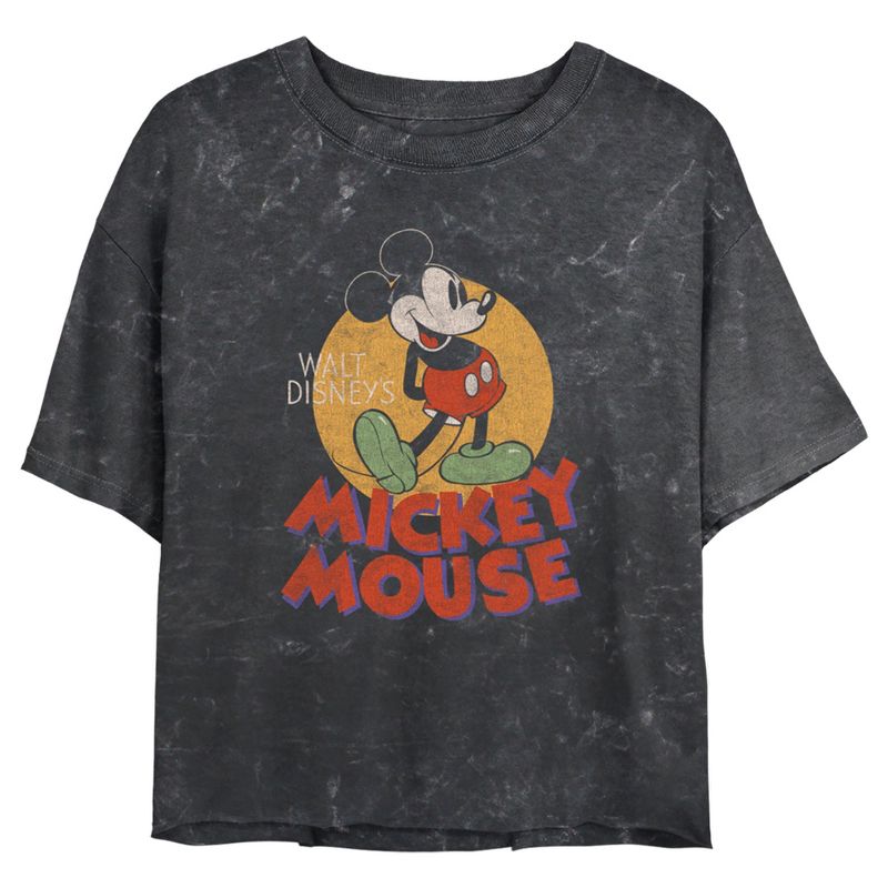 Juniors Womens Mickey & Friends Retro Distressed Spotlight Mineral Wash Crop T-Shirt, 1 of 5