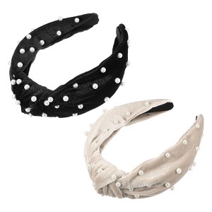 Unique Bargains Women's Velvet Faux Pearl Knotted Headband 2 Pcs - 1 of 4