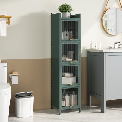 SKRAN Tall Bathroom Cabinet, Freestanding Fluted Floor Narrow Cabinet with Glass Doors and  Storage for Kitchen, Living Room