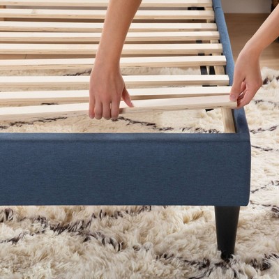 King-Sized Navy Linen-Tufted Upholstered Platform Bed with Wooden Slats