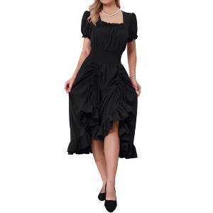 INSPIRE CHIC Women's Smocked Waist Ruffle Hem Square Neck Short Puff Sleeve A-Line Midi Dresses - 1 of 4