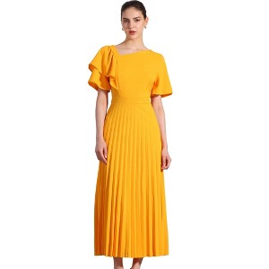 Allegra K Women's Ruffles Short Sleeve Asymmetrical Neck Pleated Hem Midi Dress - 1 of 4