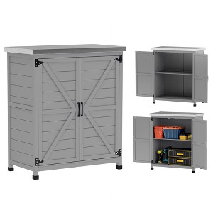 Outsunny Wooden Storage Cabinet, Outdoor Prep Station with Metal Tabletop and Shelf, Patio Storage Cabinet with Double Doors, Gray - 1 of 4