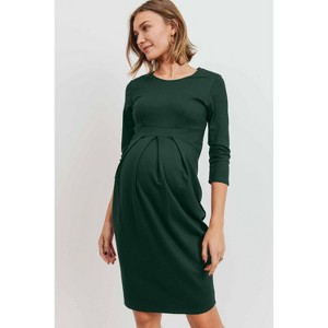 Hello Miz Women's 3/4 Sleeve Round Neck Front Pleat Maternity Dress - 1 of 4