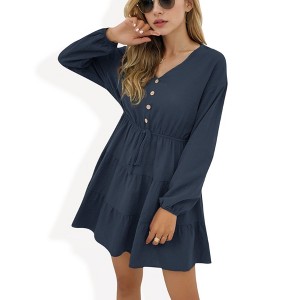 Anna-Kaci Women's Button-Front Tiered Mini Dress with Drawstring Waist - Small, Navy - 1 of 4