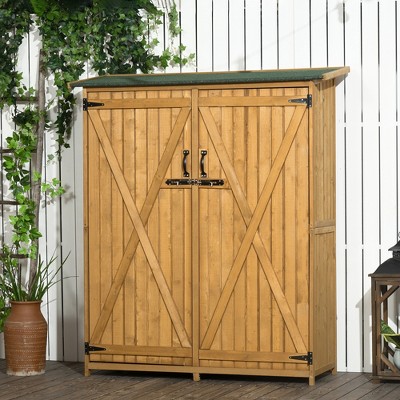 Natural Fir Wood Outdoor Storage Cabinet with Shelves and Lockable Doors