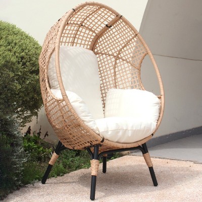 Outdoor PE Rattan Upholstered Lounge Egg Chair,Grid Style Wicker Basket Swing Chair With Metal Frame For Patio Living Room-Coolbibila