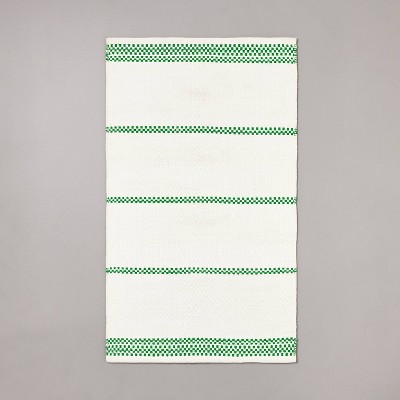 30"x50" Checkered Stripe Indoor/Outdoor Handmade Accent Rug Cream/Green - Hearth & Hand™ with Magnolia: Woven Farmhouse Style