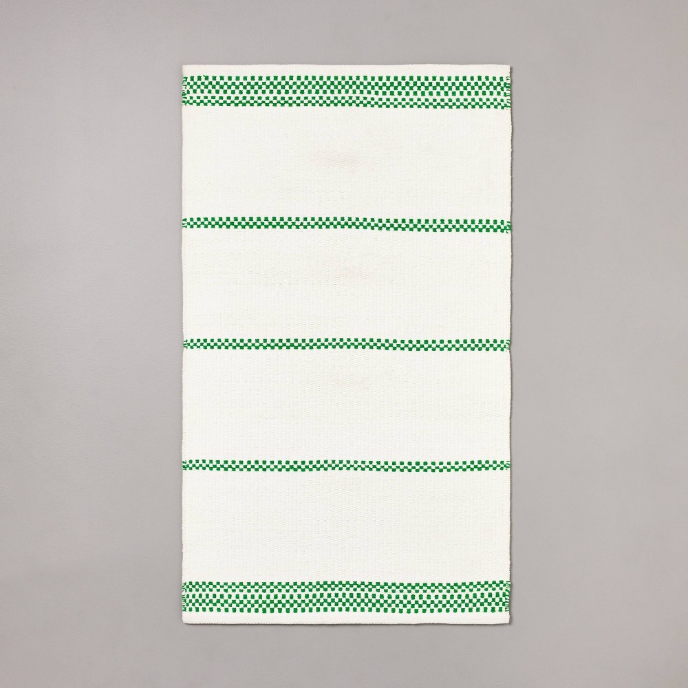 Photos - Doormat 30"x50" Checkered Stripe Indoor/Outdoor Handmade Accent Rug Cream/Green 