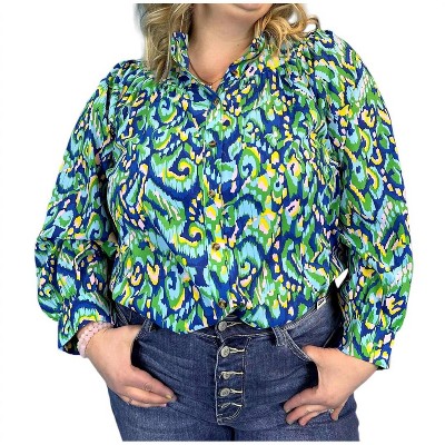 Women's Abstract Print Mandarin Collar Button Down Top - First Love