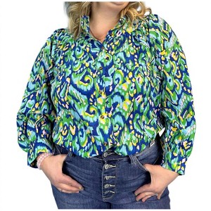 Women's Abstract Print Mandarin Collar Button Down Top - First Love - 1 of 3