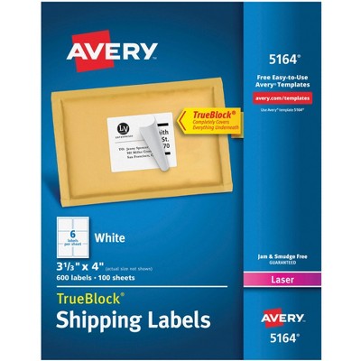 Avery Permanent-Adhesive Shipping Labels with TrueBlock Technology For Laser Printers, 3-1/3 x 4 Inches, White, Box of 600