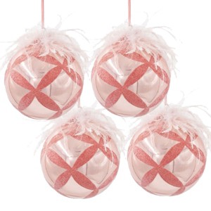 TopComfy Decorative Object Glass Christmas Ball Ornaments Flocking and Feather Design Set for Holiday Decor, Pink, 4.7"*4.7"*4.7" - 1 of 4