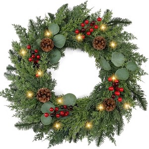 Christmas Wreath with Lights 24 Inch Real Touch Pine Wreath with White Berries/Pinecone Pre Lit - 1 of 4