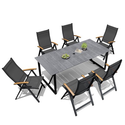 Crestlive Products Outdoor Dining Set 82.7 inch Patio Dining Table with Folding Dining Chairs Wooden-Like Top and Aluminum Frame Umbrella Hole