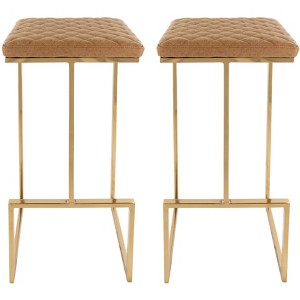 LeisureMod Quincy Bar Stool Upholstered in Leather with Gold Metal Frame Set of 2 - 1 of 4