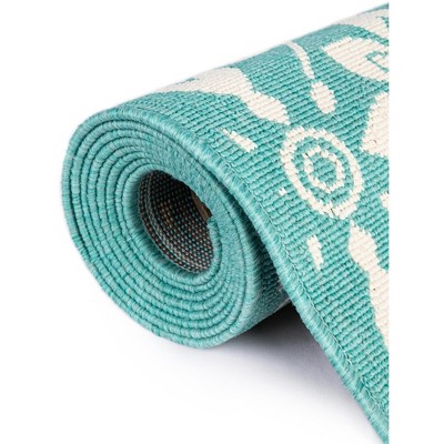 Teal Floral Flat Woven Stain-Resistant 4' x 6' Outdoor Rug