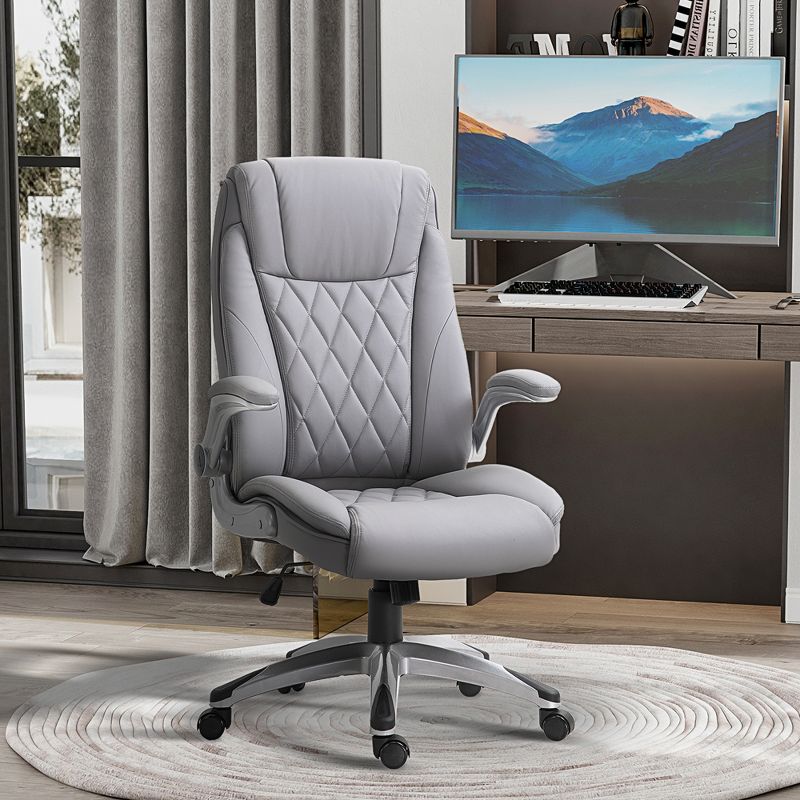 Vinsetto High Back 360° Swivel Ergonomic Home Office Chair with Flip Up Arms, Faux Leather Computer Desk Rocking Chair, Grey, 3 of 10