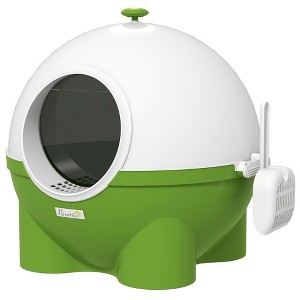 PawHut Hooded Cat Litter Box, Large Kitty Litter Pan with Lid, Scoop, Leaking Sand Pedal, Top Handle, Dark Green - 1 of 4
