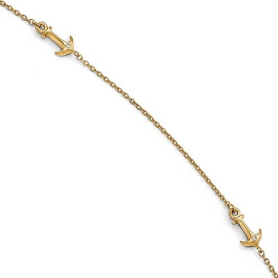 Black Bow Jewelry 14k Yellow Gold and Cubic Zirconia Anchor Station Anklet, 9-10 Inch