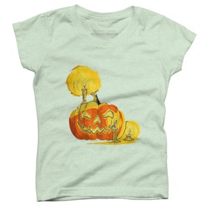 Girl's Design By Humans Halloween Pumpkin with Candle and Evil Smile By wubbadub T-Shirt - 1 of 2