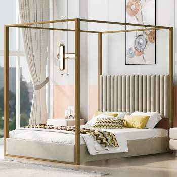Whizmax Canopy Bed Frame Queen Size With Headboard, Upholstered Canopy Platform Bed, Button Tufted, No Box Spring Required, Easy Assembly, Gray : Target Whizmax Canopy Bed Frame Queen Size With Headboard, Upholstered Canopy Platform Bed, Button Tufted, No Box Spring Required, Easy Assembly, Gray : Target