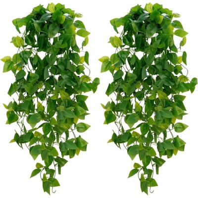 BRINJOY 2-Pack Artificial Pothos Hanging Vines - 43.3" Realistic Fake Greenery for Indoor/Outdoor Walls(Basket Not Included)