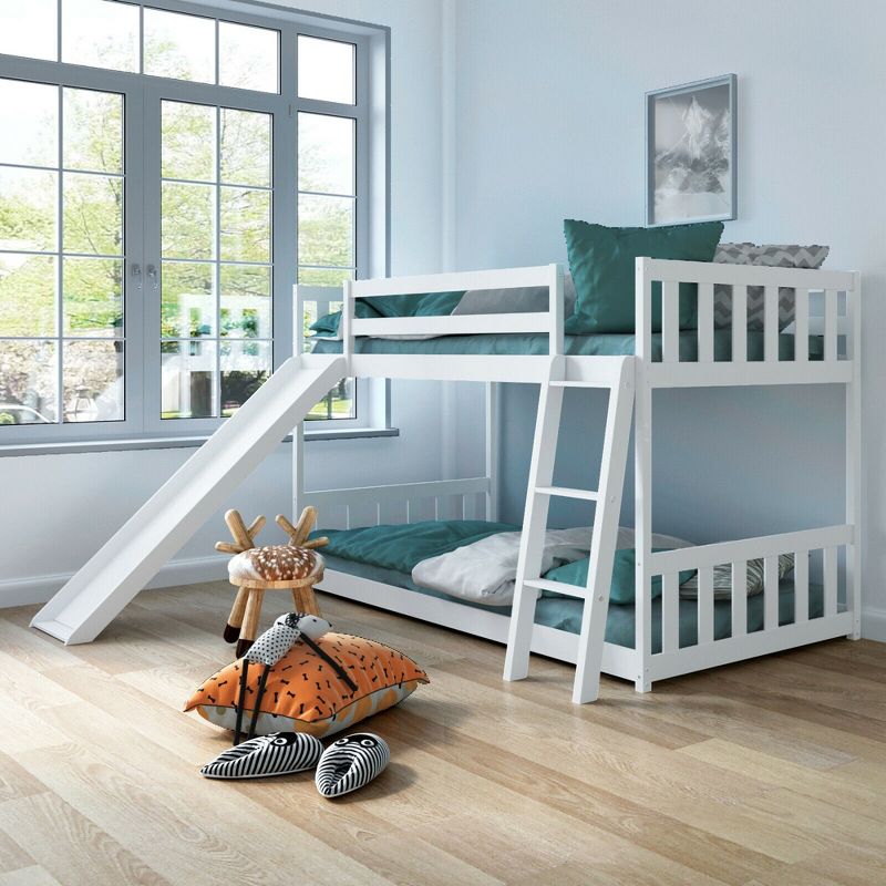 Costway Twin over Twin Bunk Wooden Low Bed with Slide Ladder for Kids, 2 of 11