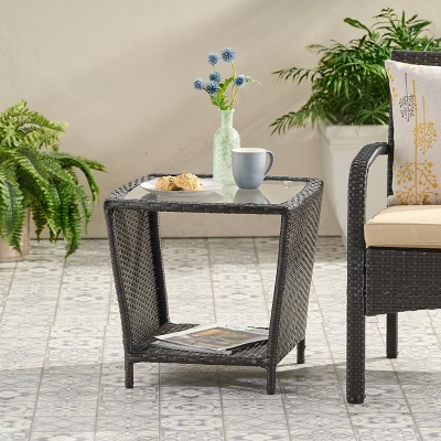 MOEPISY Patio End Table with Glass Top, Brown