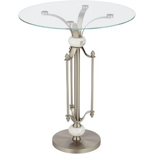 Studio 55D Monique Modern Metal Round Accent Table 20" Wide Brushed Nickel Clear Glass Tray Marble Accents for Living Room Bedroom Bedside Entryway - 1 of 4