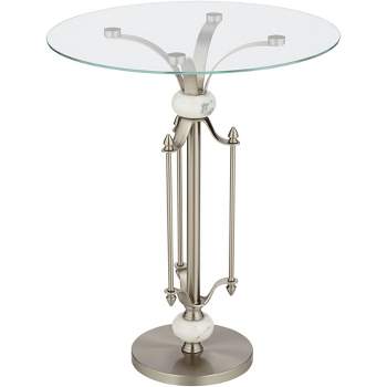 Studio 55D Monique Modern Metal Round Accent Table 20" Wide Brushed Nickel Clear Glass Tray Marble Accents for Living Room Bedroom Bedside Entryway