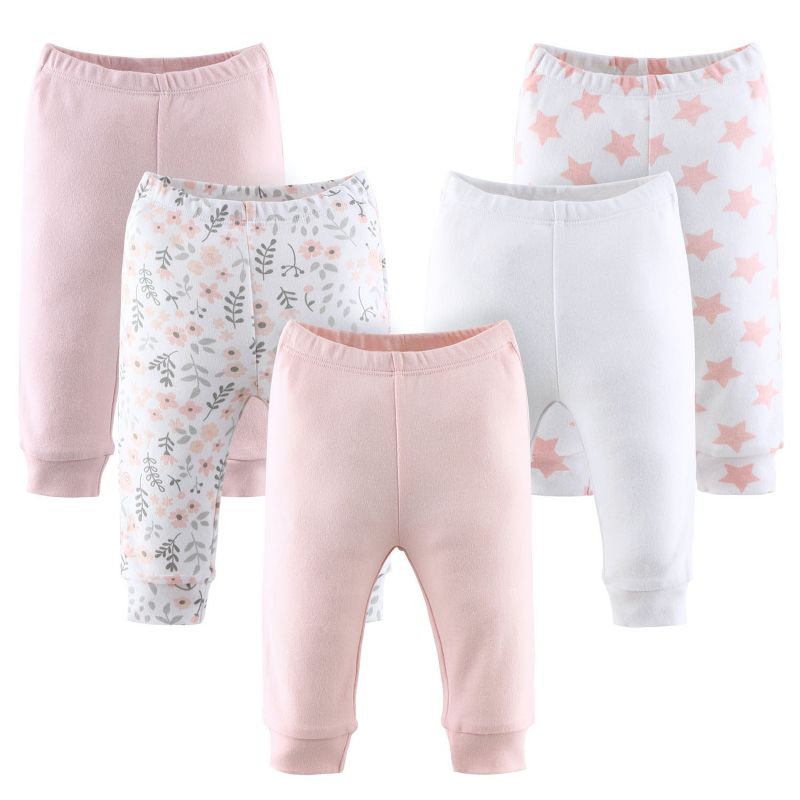 The Peanutshell Flowers & Stars 5-Pack Cuffed Baby Pants in Pink/Light Coral/White, 9-12 Months, 1 of 7