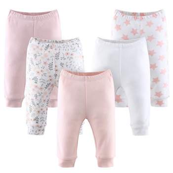 The Peanutshell Flowers & Stars 5-Pack Cuffed Baby Pants in Pink/Light Coral/White, 9-12 Months