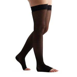 EvoNation Women's Everyday Sheer 15-20 mmHg Compression Stocking Thigh High w/ Lace Top Band, Open Toe - 1 of 2