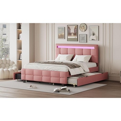 Okak Queen Elegant Platform Bed Frame with Upholstered and LED Frame No Box Spring Needed Linen Fabric Bed with Twin XL Trundle & 2 Drawers, Pink