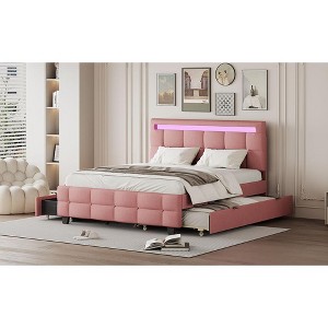Okak Queen Elegant Platform Bed Frame with Upholstered and LED Frame No Box Spring Needed Linen Fabric Bed with Twin XL Trundle & 2 Drawers, Pink - 1 of 4